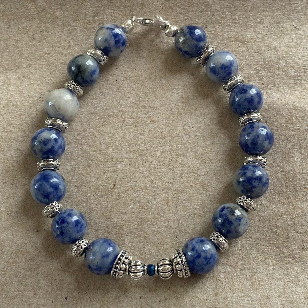 Genuine 10mm Sodalite and Silver Tone Accents Bracelet 7.5 Inches